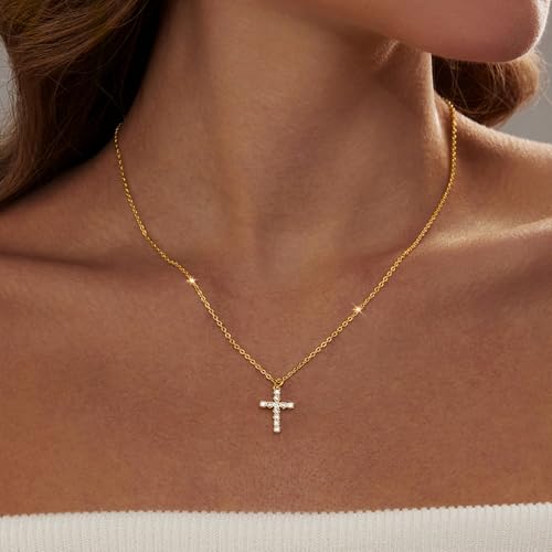 Zeffy Cross Necklace for Women,18K Gold/Silver Plated Tiny Cubic Zirconia Cross Pendant Necklace for Women Simple Layered Cross Necklaces for Women - color: Gold CZ Cross