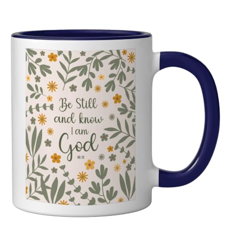 Be Still & Know That I Am God Psalm Bible Verse Floral Women Ceramic Mug, Dark Blue/White, 11oz - color: Dark Blue/White, size: 11 Ounces