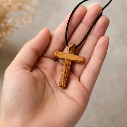 Olive Wood Cross Necklace from Bethlehem – 1.5" Wooden Crucifix Pendant with 24" Adjustable Black Cord, Christian Jewelry for Men and Women