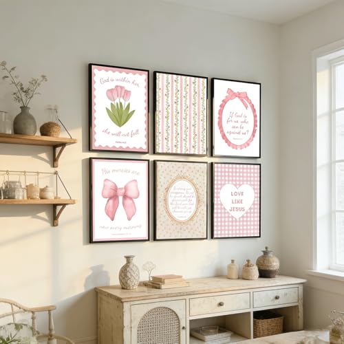 6Pcs Pink Bible Verses Wall Art Christian Floral Pictures 12x16in Unframed - color: Pink Poster, size: 16L"X12W"
