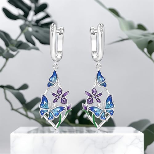925 Sterling Silver Drop & Dangle Earrings for Women,Butterfly Dragonfly and Bee|Flower and leaf Earrings, Suitable for Sensitive Ears Fashion Jewelry Gift- Hypoallergenic Earrings - color: Butterfly Love Flower Earrings