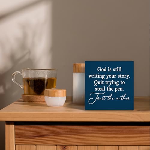 God Is Still Writing Your Story Navy Blue Wood Box Sign Desk Decor 5X5, Christian Scripture Bible Verse Prayer Room Block Sign Decorations for Home Office Wall Tabletop Shelf Decor - color: Colour 11, size: 5 x 5 in