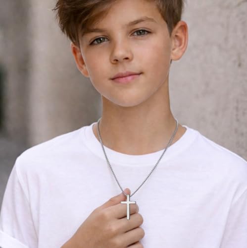 Small Cross Necklace for Boys Baptism Christmas Confirmation Valentines Easter Birthday Gifts to Teens Son Grandson Nephew - color: silver, style: bless this boy-1