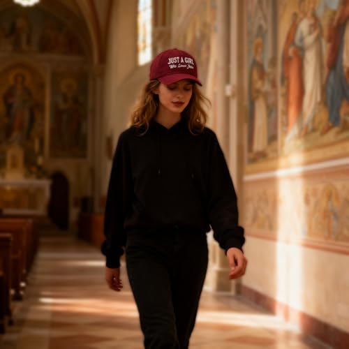 Faith Christian Patriotic Embroidered Baseball Cap, Vintage Cotton Dad Hat for Men Women, Birthday - color: Just a Girl Who Loves Jesus, Wine Red