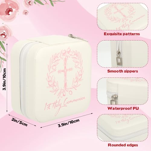 First Communion Travel Jewelry Box, Small Zippered Jewelry Case with Soft Lining, White Square Keepsake Box for Rings Earrings Necklaces, Religious Keepsake Gift for Baptism or Wedding (1, White) - color: White