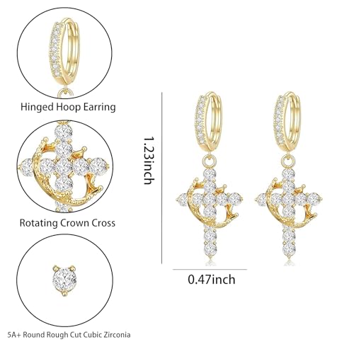 BOFILL Gold Crown Cross Hoop Drop Earrings for Women Men 14K Diamond Plated Huggie Dangle Dainty Hypoallergenic Lightweight Dangling
