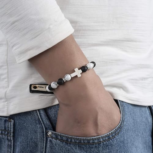 Softones 4PCS Cross Beads Bracelet for Men Women 8mm Healing Lava Stone Stretch Bracelets,7.5" - color: E:4Pcs a set