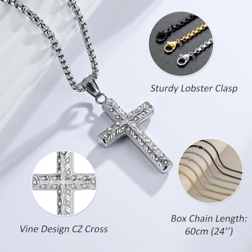 Men's Cross Necklace, Vine Design Iced‑Out Cubic Zirconia - color: silver