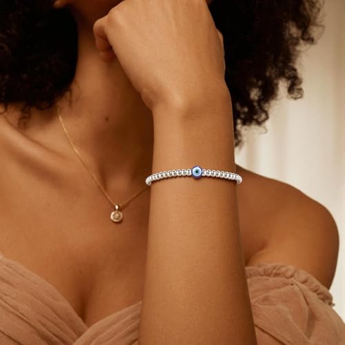 Elastic Beaded Charm Bracelets for Women - Adjustable Stackable Dainty Bracelet with Gold or Silver Charms, Jewelry Gift for Her - color: Sliver-Evil Eye