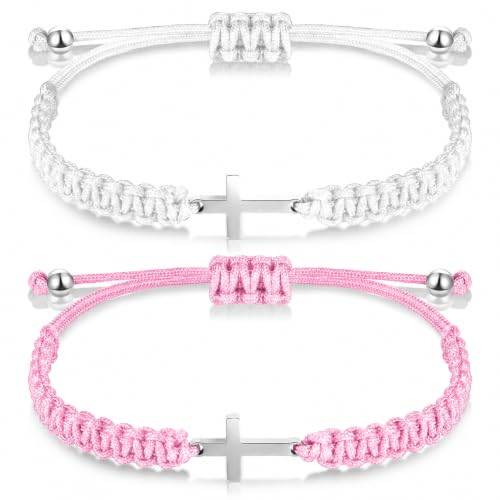 Sureio 2 Pcs Christian Cross Matching Bracelets for Women Men - color: Pink White