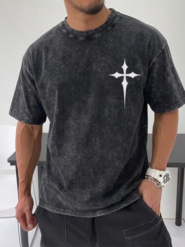 Acid Wash Drop Shoulder Oversized Tees Soft Cotton Vintage Crew Neck - size: Small