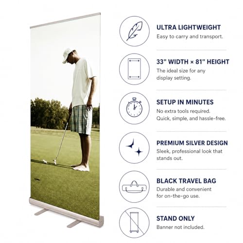 Retractable Banner Stand 33.5" x 80", Aluminum Roll Up Display with Carry Bag, Portable Banner Stand for Trade Shows, Exhibitions, Business Events and Presentations, Stand Only - size: 33 ½" x 80 inch (Stand Only)