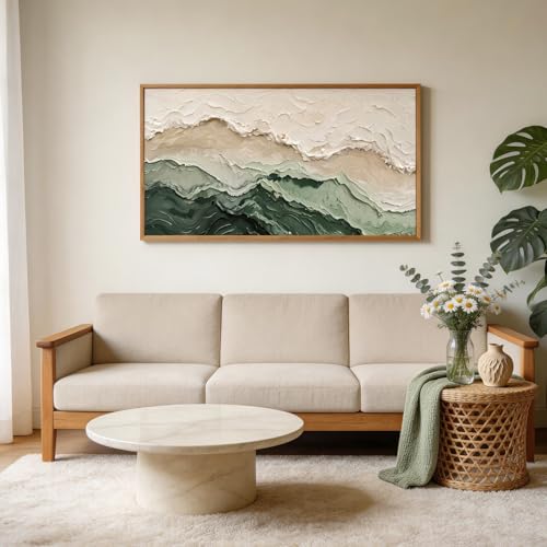 Aurlan 3D Textured Green Abstrcat Ocean Framed Canvas Wall Art 40x20 Inch - color: Green Beige (3D Textured), size: 40"L x 20"W