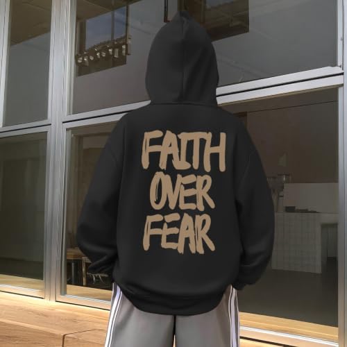 Boys Christian Faith Over Fear Hoodie Kids Jesus Religious Hoodies Inspirational Bible Verse Sweatshirt Pullover top - color: Black, size: 5-6 Years