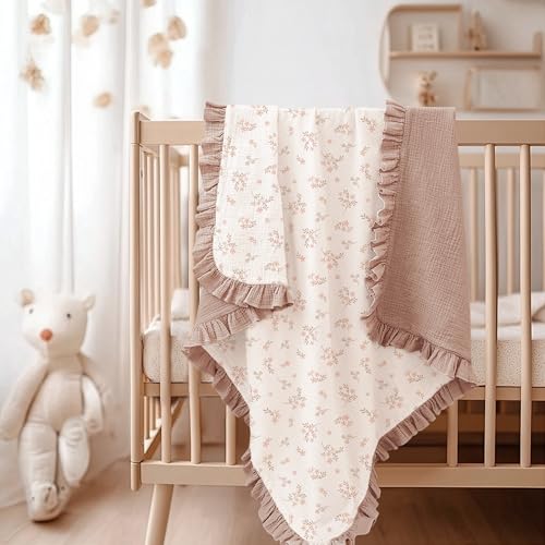 Konssy 100% Cotton Muslin Baby Blanket with Ruffle Trim for Girls, 43"x39" - color: Petal Dream