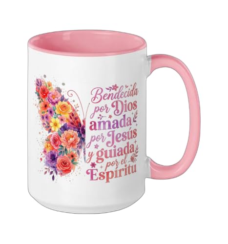 Bendecida Por Dios Amada Por Jesus Christian Spanish Floral Ceramic Mug, Pink/White, 15oz - color: Pink/White, size: 15 Ounces