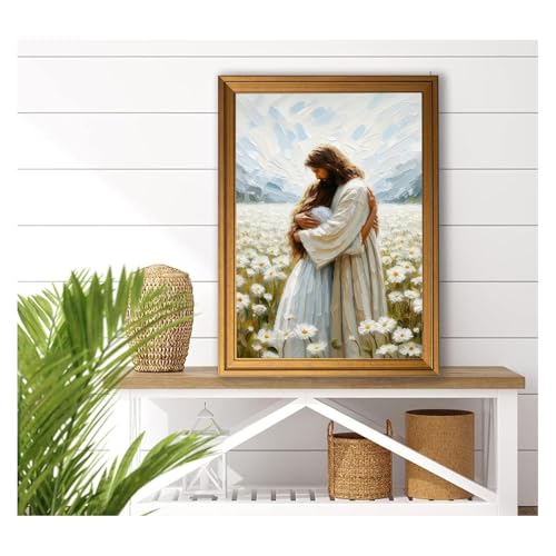 ZLSYQALW 1Pcs Vintage Gold Framed Jesus Hugging Girl Canvas Wall Art - color: vintage gold-framed, size: 16"L x 12"W