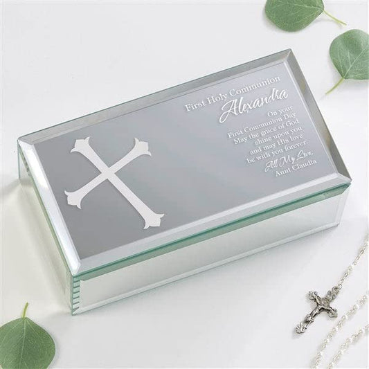 Personalization Universe Personalized First Communion Blessing Engraved Mirrored Jewelry Box - Customizable Velvet-Lined Storage with Communion Verse, 1st Communion or Baptism Gift - Small 7" x 4"