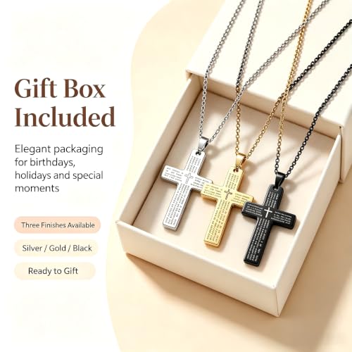 Three sets Steel Cross Necklace with Lord's Prayer, Stainless Steel, Silver, 24 Inches, Ball Chain,gift christian, Polished Finish, Military Theme, Religious Crucifix Pendan,fou gift box - color: Silver-gold-black