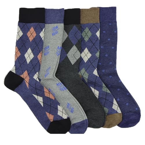 Men's Colorful Striped Dress Socks, 5-Pack Cotton, Sock Size 10-13 - color: Classic Blue Argyle Mix