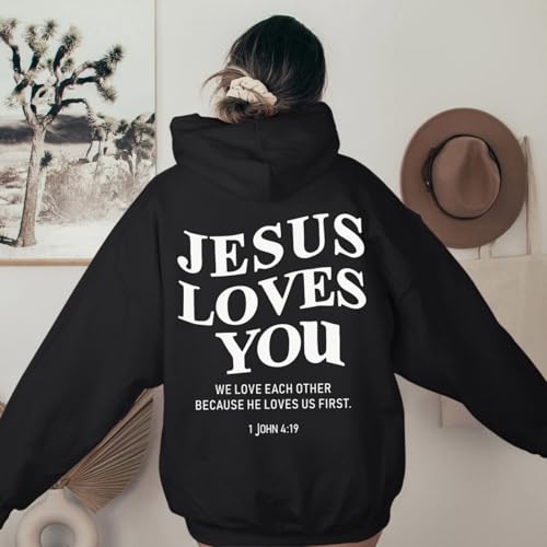 Sulayesh Christian Jesus Loves You Hoodies Women Religious Faith God Jesus Is King Sweatshirts Bible Verse Inspirational Tops - color: Black, size: Large