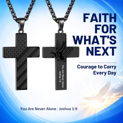 Men Cross Necklace Teens, Bible Verse Flag Eagle Chain Gift for Him - style: Joshua 1:9