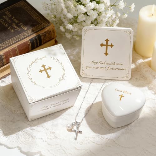 NORBU S925 Cross Necklace for Girls, Baptism Gift with Heart Keepsake Box - color: S925 Silver Cross Necklace with Ceramic Box