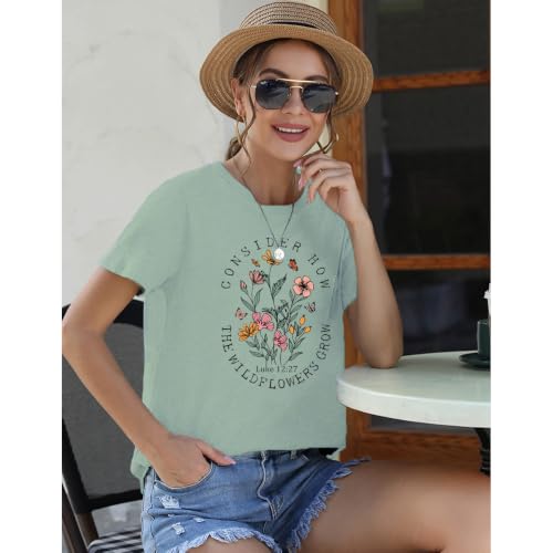 Women Hiking Mountain Shirt Nature Sunrise Graphic Printed Hiking T Shirt Summer Short Sleeve Workout Tee top - color: Wildflowers Pale Green, size: X-Large