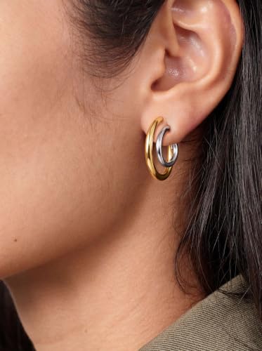 Two Tone Gold Silver Hoop Earrings Mixed Metal Open C Hoop Earrings - color: Double Hoop