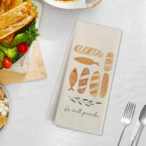 Christian Fish and Loaves Kitchen Towels, Jesus Feeds The 5000 Hand Towels, Modern Christian Neutral Artful Hand Dish Tea Towel for Kitchen Bathroom Decor, Easter Home Decor, 16x24 Inch - color: Fish