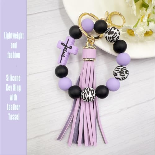SHINYHARBOR Silicone Beaded Wristlet Keychain Bracelet,Key Wrist Keychains for Women Mom Teachers Best Friend - color: Cross-purple&black