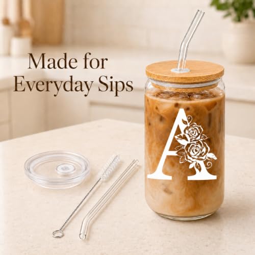 Personalized Cups, Custom Initial Tumbler, Cute Glass Tumbler, 16 oz Iced Coffee Cup, Personalized Gifts for Women, Letter K Cup with Bamboo Lid and Glass Straw, Christmas Gift, Daughter - style: K