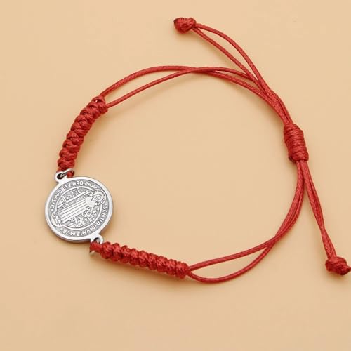 925 Sterling Silver San Benito Bracelet For Women And Men, Catholic Multicolor Bracelet St. Benedict Medal Hand Knitted Knot Coin Beaded Adjustable Religious Prayer Faith - color: Red Gold - San Benito Bracelet