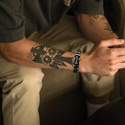 Mens Christian Cross Double Row Leather Bracelet, Religious Braided Cuff Bracelet for Men - color: Black, size: 8.1 inches