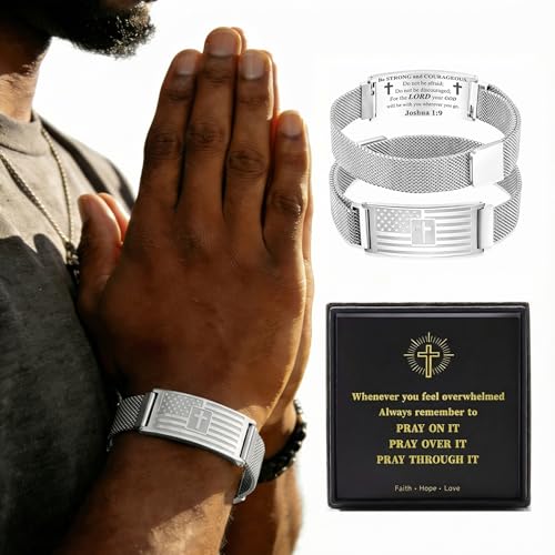 RINHOO Men's American Flag Cross Bracelet Bible Verse Stainless Steel - style: Silver-Joshua 1:9
