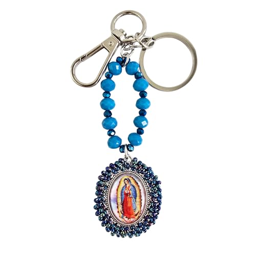 Sabeli Handmade Keychain Clip Holder - Catholic Rosary Bead Prayer - Religious Gifts Men Women - Llavero Catolico Regalo - color: Virgen De Guadalupe Dark Blue