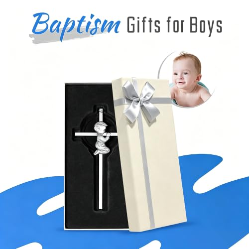 Tryuunion Baby Wall Cross Baptism and Christening Gifts for Boys, 6-inch Silver Blessing Catholic Boy Baptism Crosses for First Holy Communion, and Dedication Baptismal Gifts from Godparents - color: Silver Boy-6 in