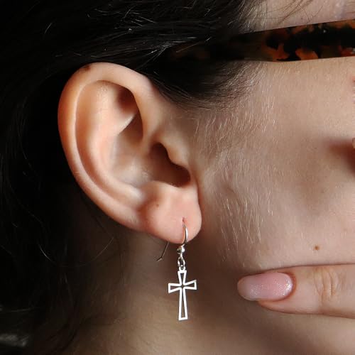 Cross Earrings for Women in Sterling Silver – Drop Hook Dangle Christian Jewelry – Lightweight 925 Open Cross – Satin Matte Finish