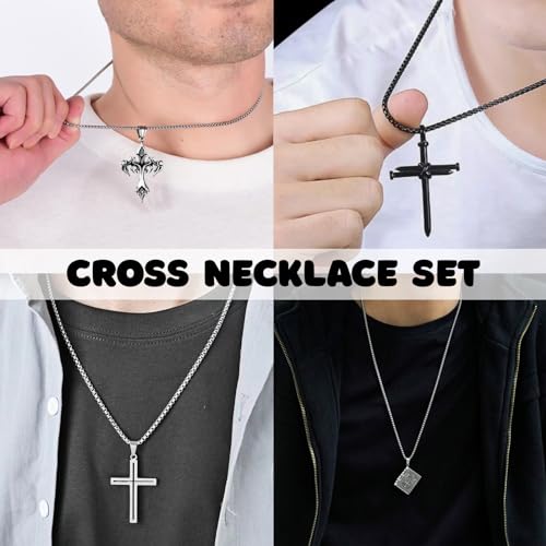 ywevyezc 12/24PCS Cross Necklace for Men, Mens Necklaces Jewelry Set Silver Chain Stainless Steel Cross Pendant Goth Necklace for Boys 16-24 inches Chain - style: 12pcs Men's Necklace