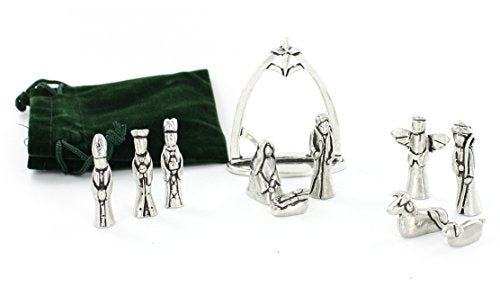 Nativity Set with Chreche Mini Pewter Figurine 11 Pc Set with Velvet Pouch