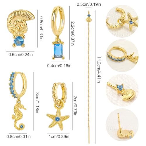 Gold Earrings Set for Women 14K Gold Plated Cubic Zirconia Love Heart Bowknot Clover Fruit Flower Insect Ocean Cross Huggie Hoop Earrings Stud Earrings Set for Multiple Piercing Party Jewelry Gifts - style: Seashell and Starfish