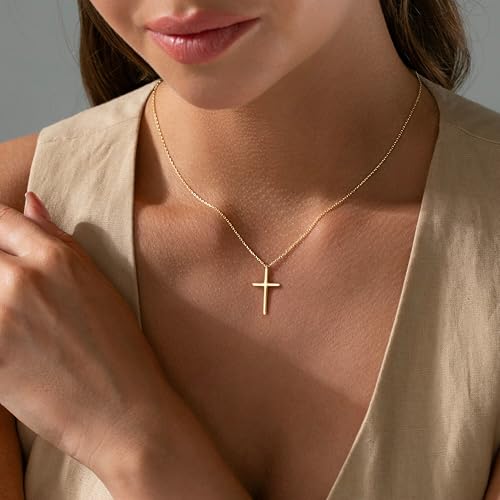 Sideway Dainty Cross Necklace for Women Girls, 14K Gold Plated Waterproof Small Cross Choker Necklace Simple Minimalist Pendant, Trendy Cute Religious Faith Baptism Confirmation Gifts for Girls Jewelry - color: Gold-Large Cross-03