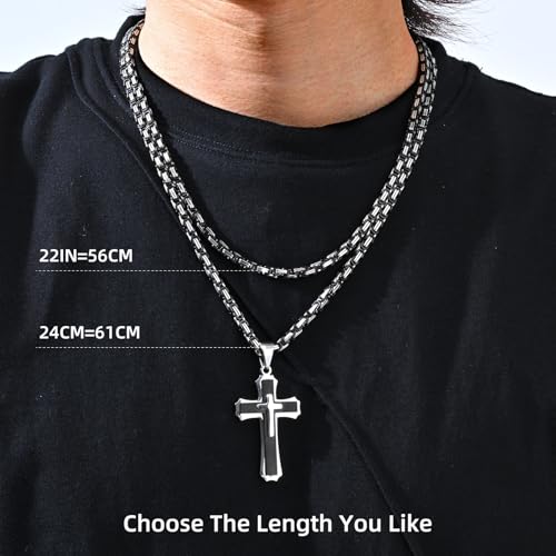 FLHEART Byzantine Cross Necklace for Men, Black Silver Stainless Steel Cross Chain Pendant Necklace Masculine Chunky Sturdy Mens Christian Jewelry Gift 22/24 Inch - color: Black, size: 22In