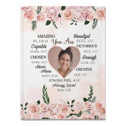 Personalized Bible Verse Floral Photo Flannel Throw Blanket - color: Design07