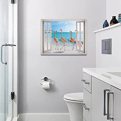 Flamingo Beach Bathroom Wall Art Tropical Palm Coastal Ocean Pictures Wall Decor Pink Flamingo 3d Window Canvas Prints Framed Modern Animals Painting Artwork for Bathroom Living Room Office 16"x12" - color: Farmingo-2, size: 16"L x 12"W