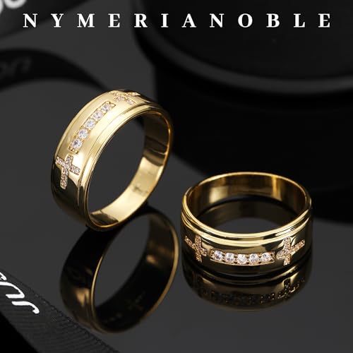 Mens Wedding Band, 18K Gold Plated Rings Non Tarnish Promise Rings For Him Lord's Prayer Cross Ring Father in Law Gifts Round Cut Anniversary Engagement Size 7-14 - size: 8