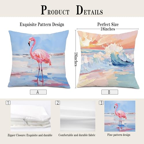 Pink Flamingo Coastal Beach Throw Pillow Covers 18x18, Flamingo Gifts, Pastel Preppy Nautical Ocean Decorative Pillow Covers for Home Bedroom Beach House, Set of 2 - color: Colour -I