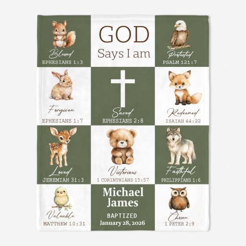 Personalized Baptism Woodland Animal Toddler Blanket, God Says I Am Christian Bible Verse Throw, Custom Name Faith Keepsake for Boy, Religious Gift from Parents Grandparents, Nursery Decor - color: Baptsim Toddler Blanket#6