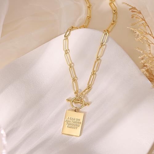 CHESKY Cross Necklace for Women Trendy, Dainty 14K Gold Plated Paperclip Charm Necklace for Womens Chunky Cross Pendant Necklace Gold Jewelry Religious Christian Gifts for Christians - color: I CAN DO ALL THINGS THROUGH CHRIST