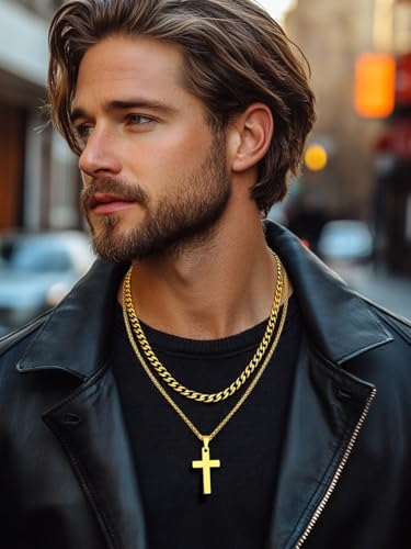 FaithHeart Cross Necklace for Men, Silver/Black/Gold Crucifix Necklace Stainless Steel Pendant with Cuban Chain Jesus Cross Necklaces Religious Gifts for Men - color: 01. Cross-Gold, size: Chain Length 18in/20in